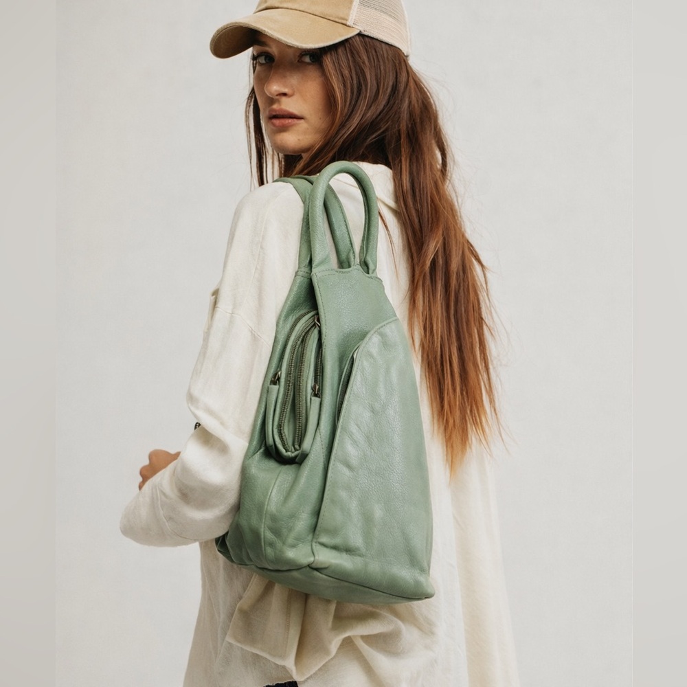 Free People Sage Green Leather Shoulder Backpack
